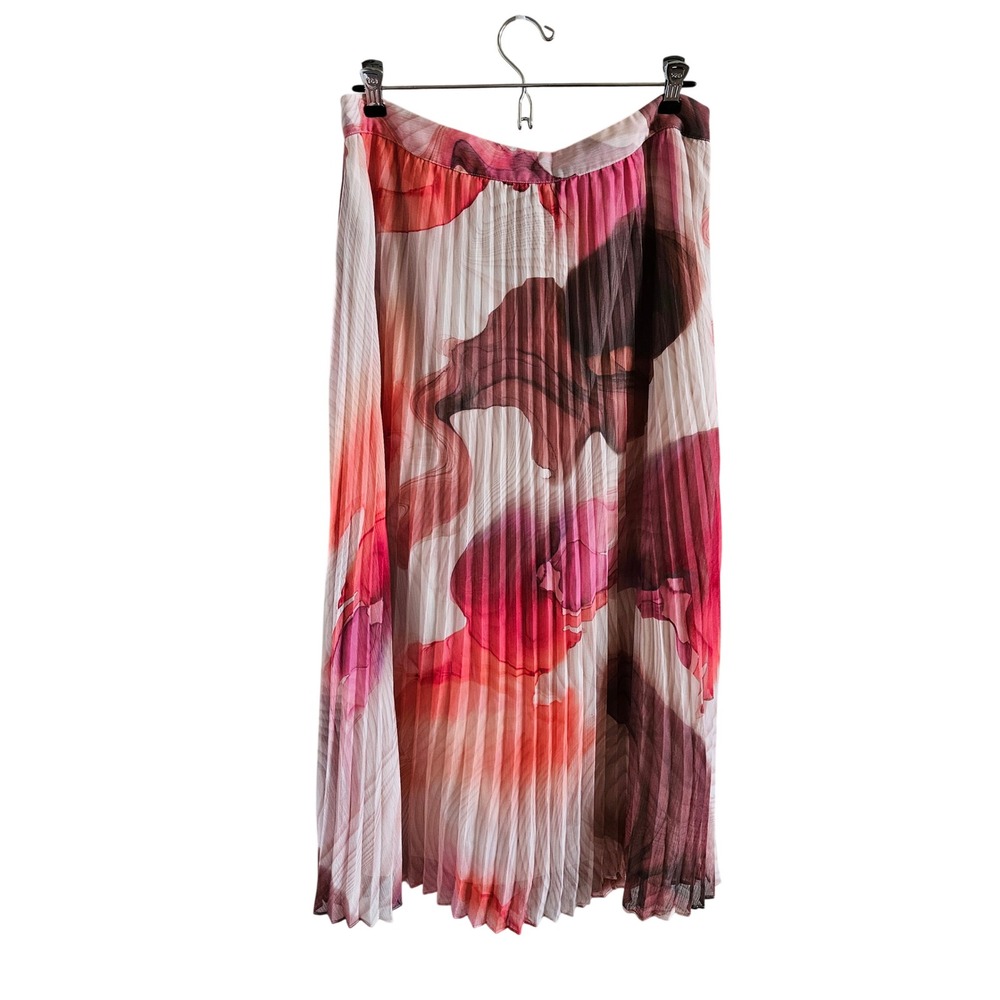 Express Pink Abstract Watercolor Pleated Maxi Skirt L Red Burgundy Accordion
